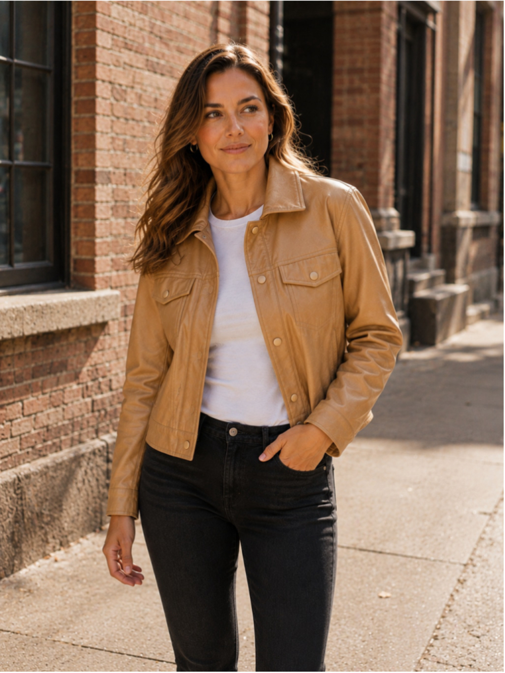 Bagatelle New York Tan Faux Leather Cropped Trucker Jacket NWT Womens L